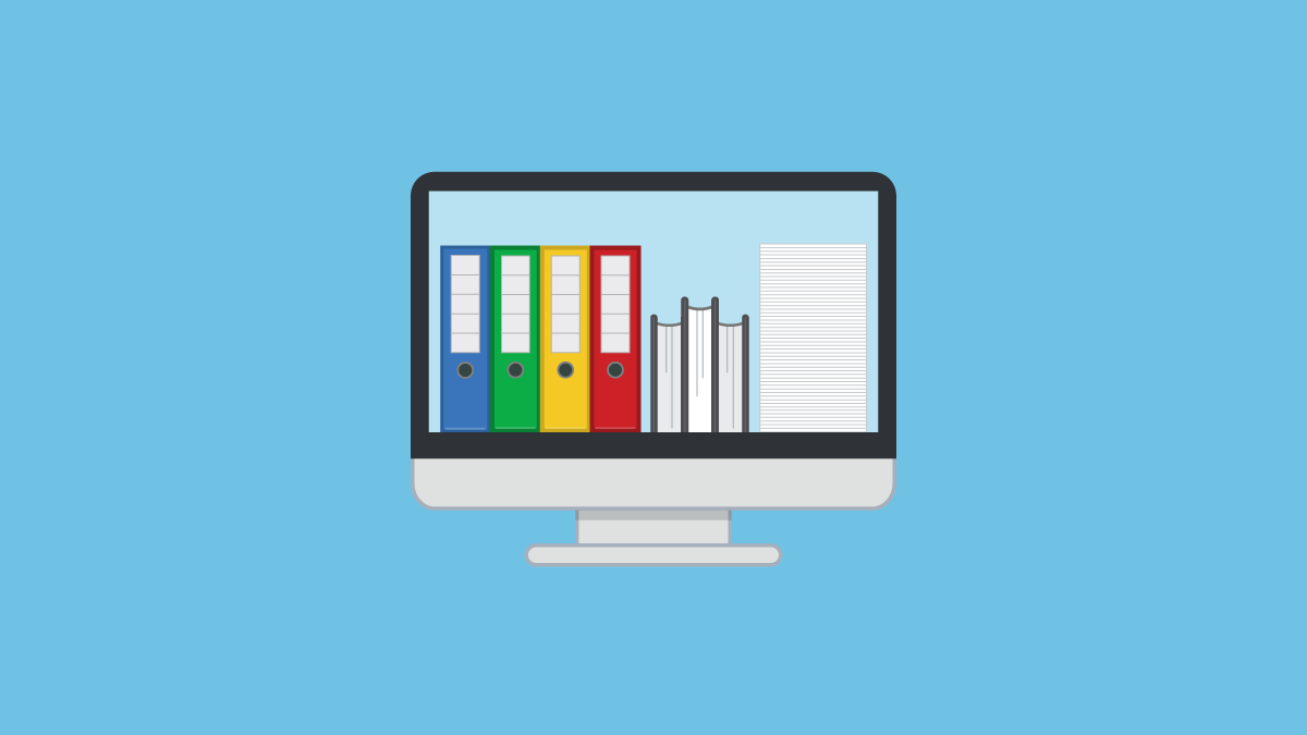 An illustration of an iMac with binders and papers showing on the screen.