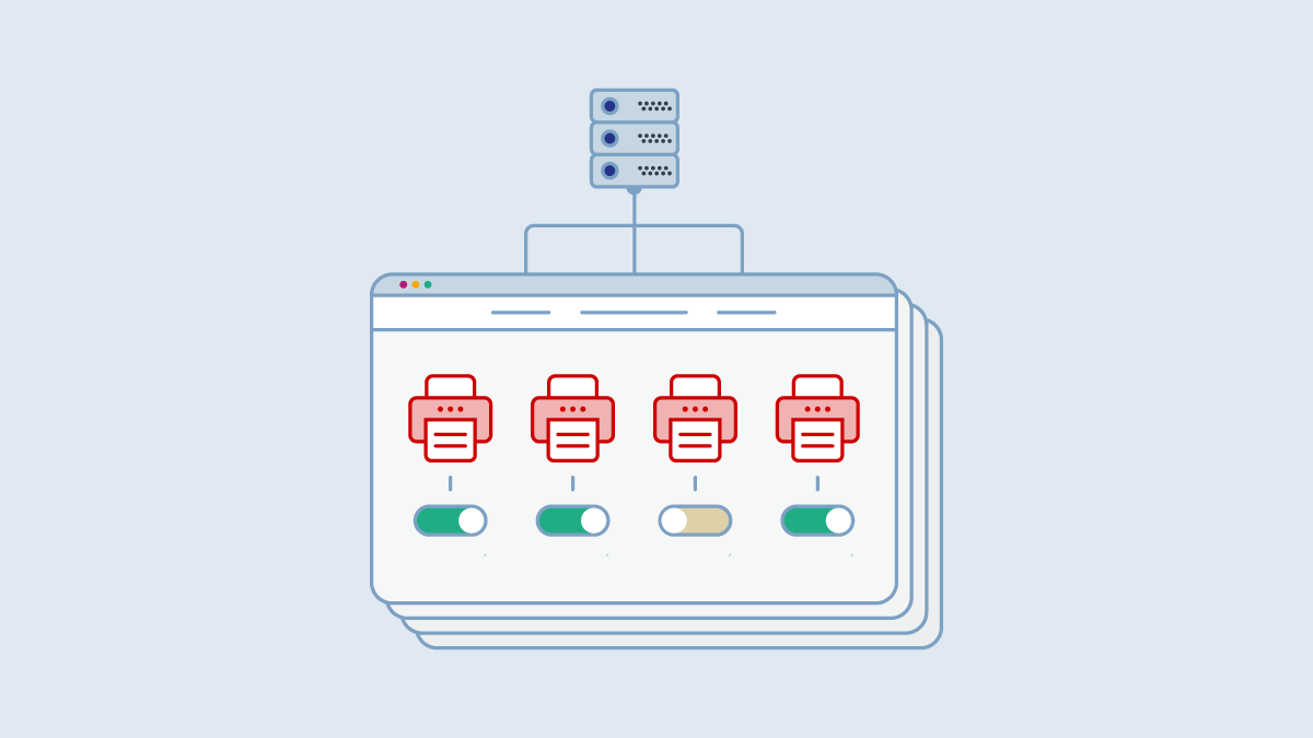 An illustration of a browser, printers and a server.