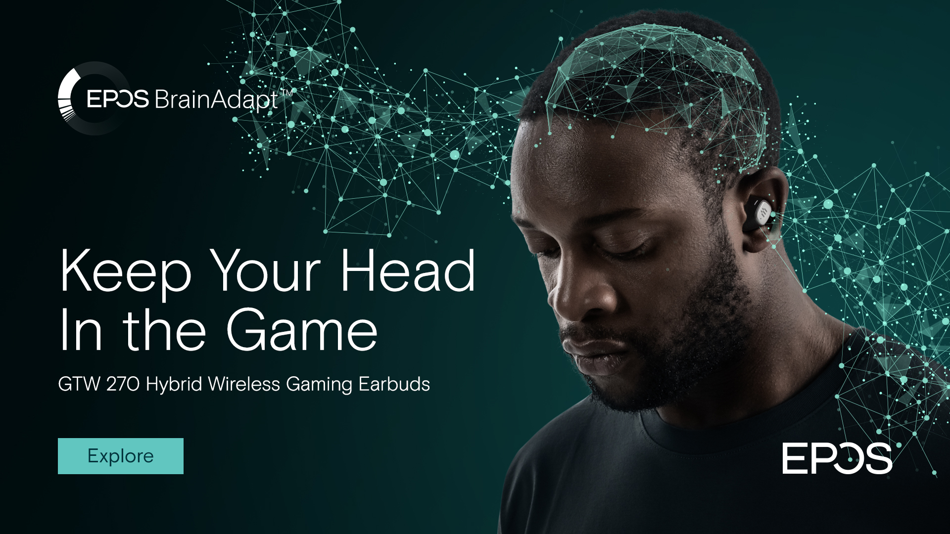 A man wearing ear buds with illustrative patterns around him.