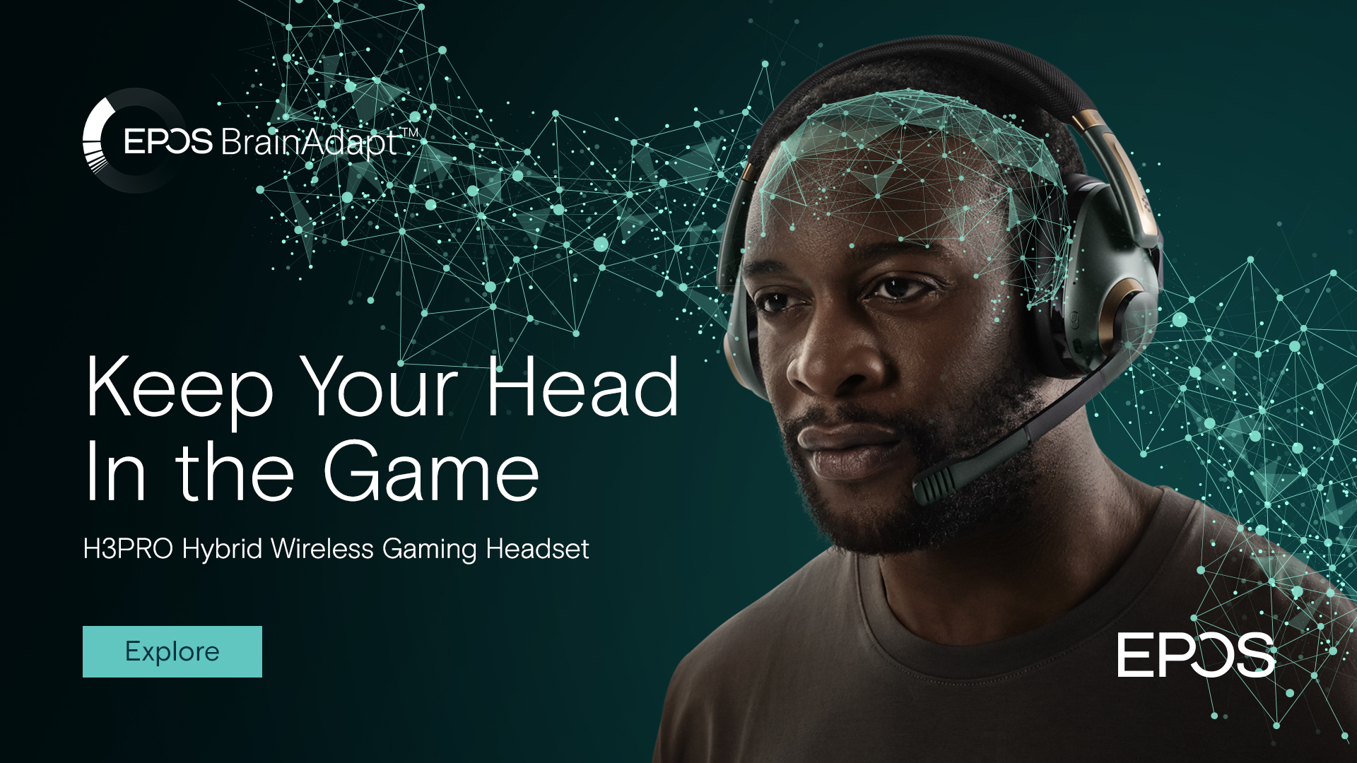 A man wearing a headset with illustrative patterns around him.