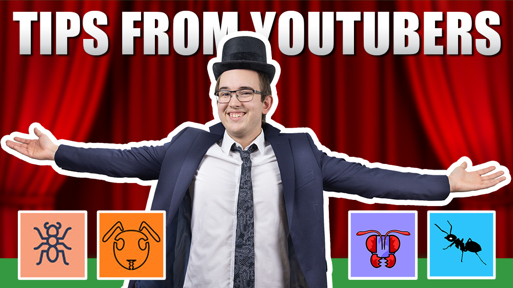 A man looking happy next to four illustrations of ants.