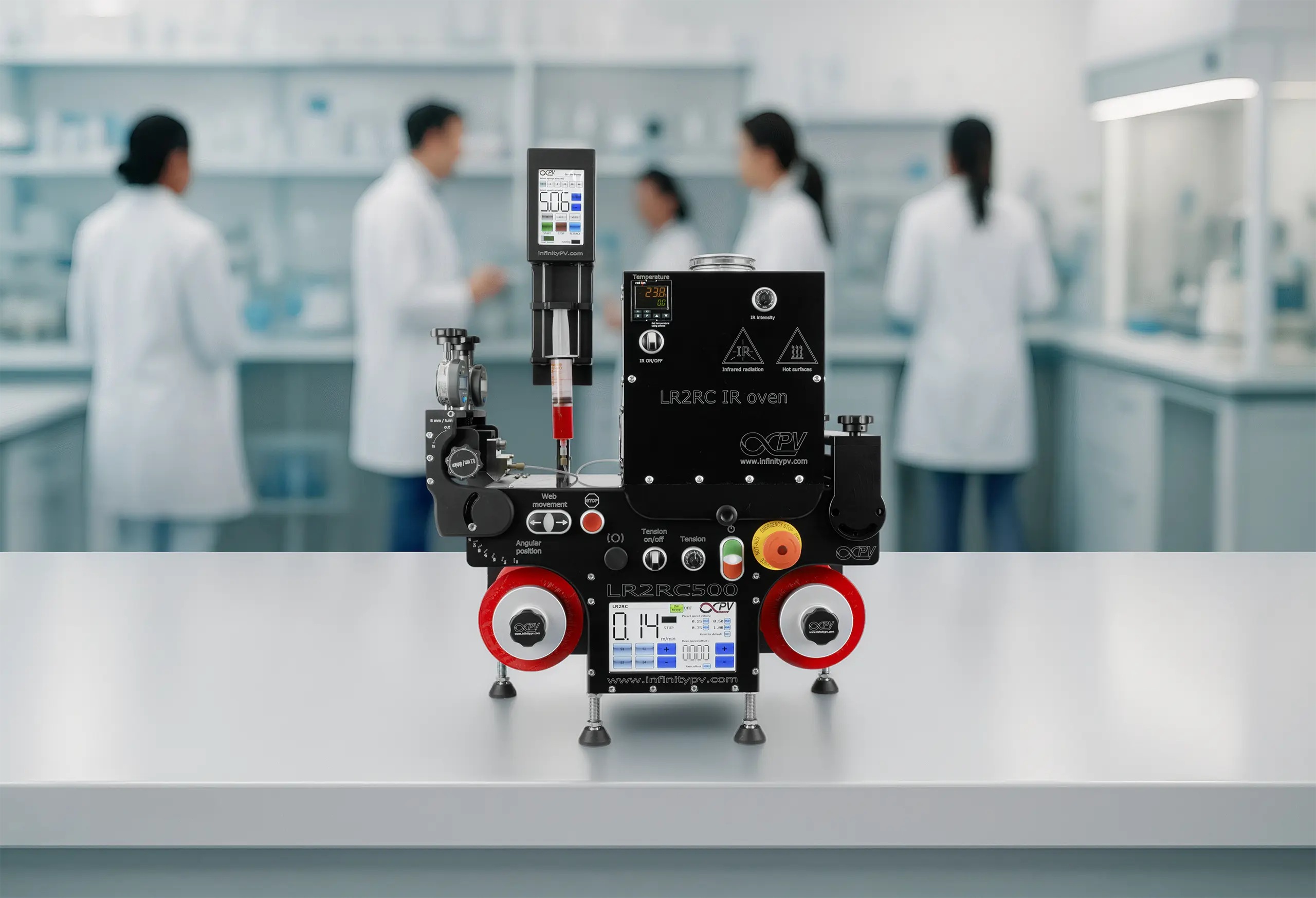 Laboratory equipment for coating and/or characterizing printed electronics.