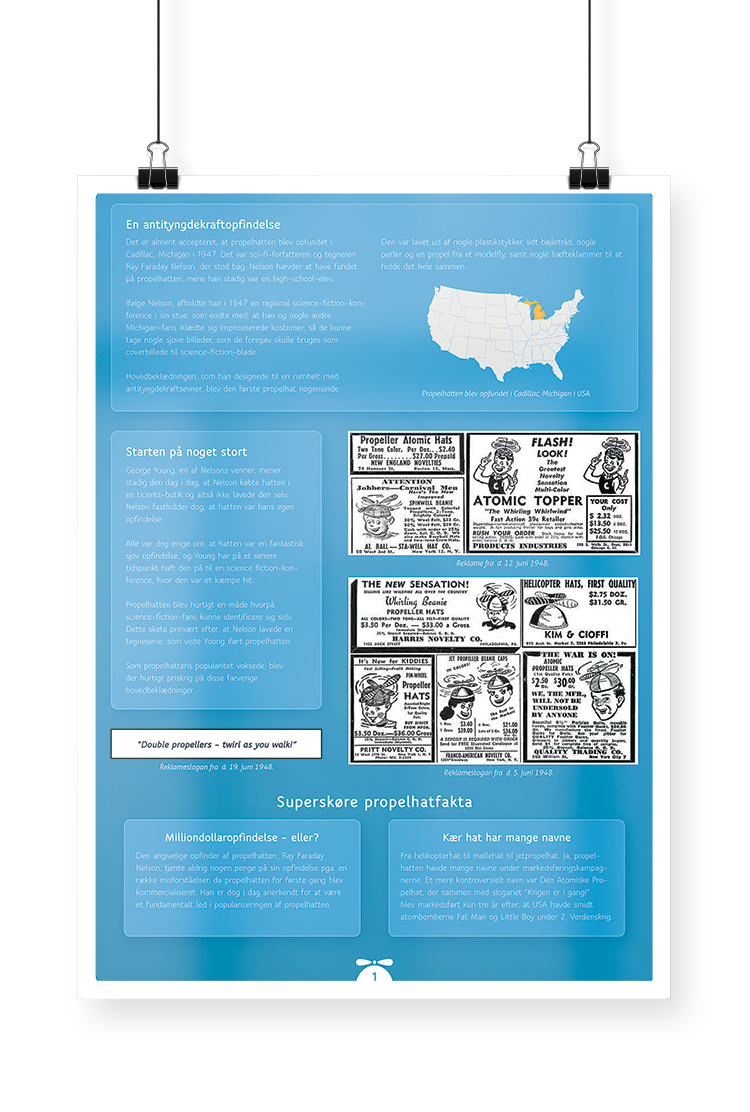 A blue poster containing text and images about the history of the propeller hat.
