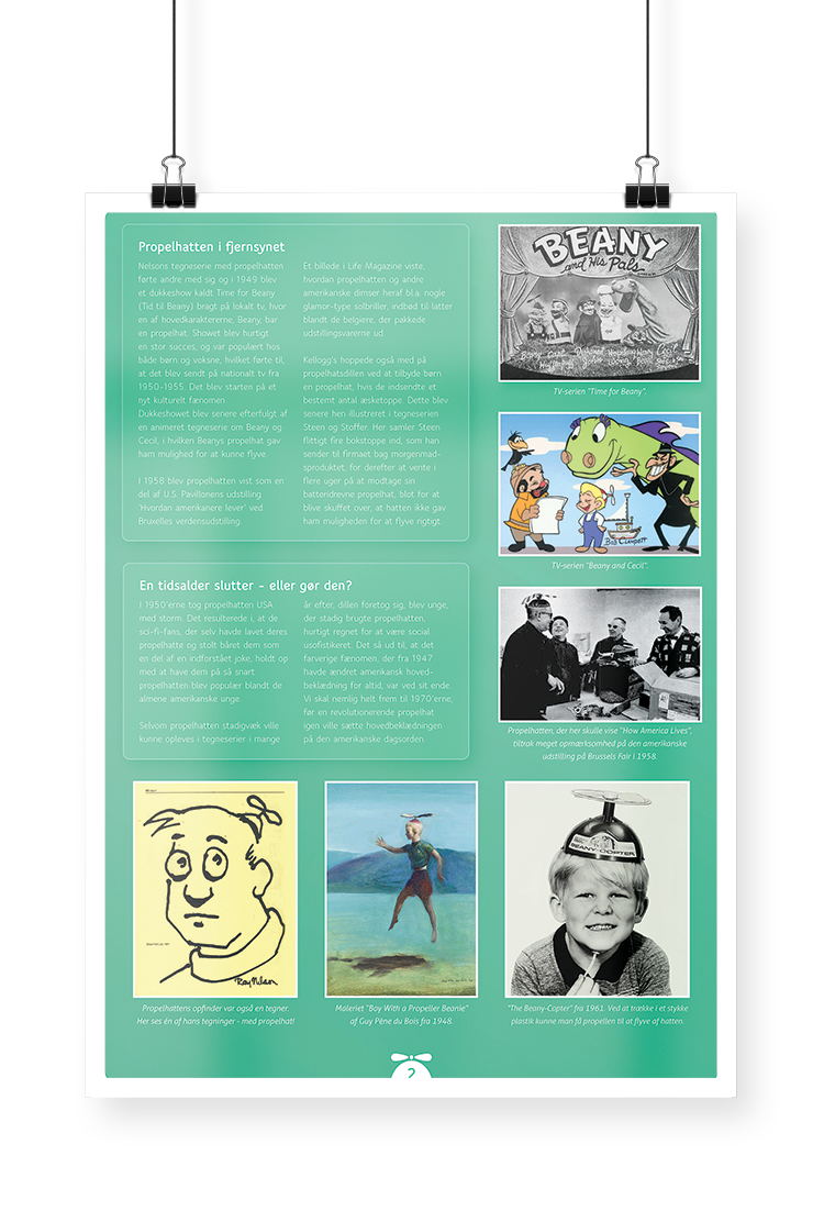 A green poster containing text and images about the history of the propeller hat.