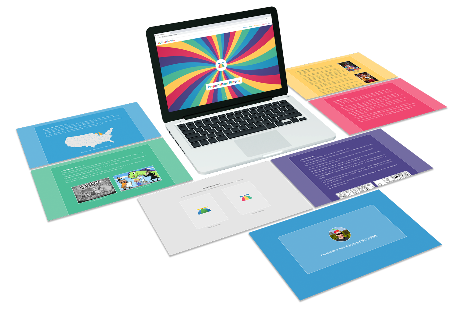 A laptop sorrounded by pages from the propellerfella website.