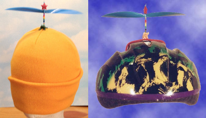 Interstellar Propeller's propeller beanie and propeller bicycle helmet.